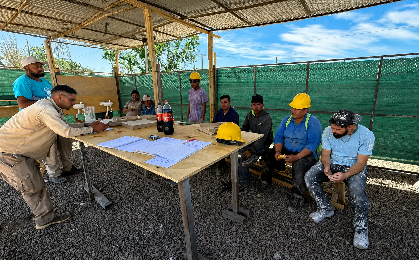 Equipo de obra reunido para planificar bajo un tinglado.